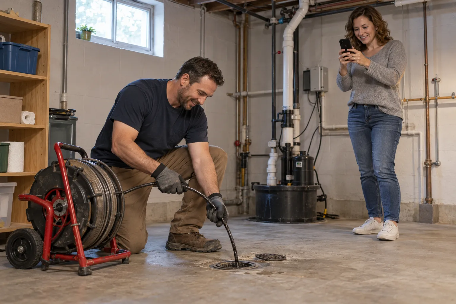 A local provider clearing a clogged basement drain in a home in Kansas City