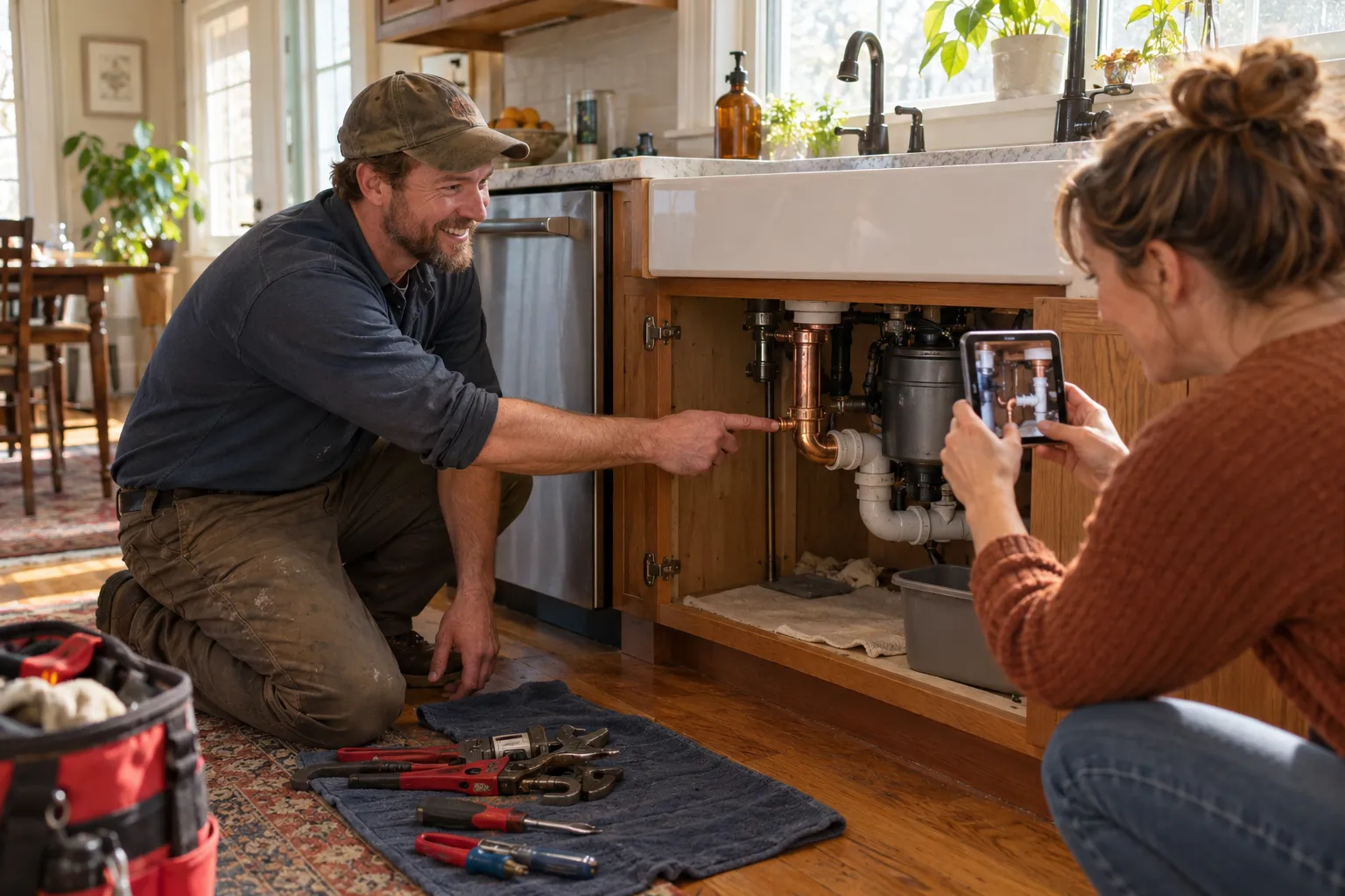 Friendly local plumbing provider checking a pipe under a kitchen sink with a homeowner in Kansas City