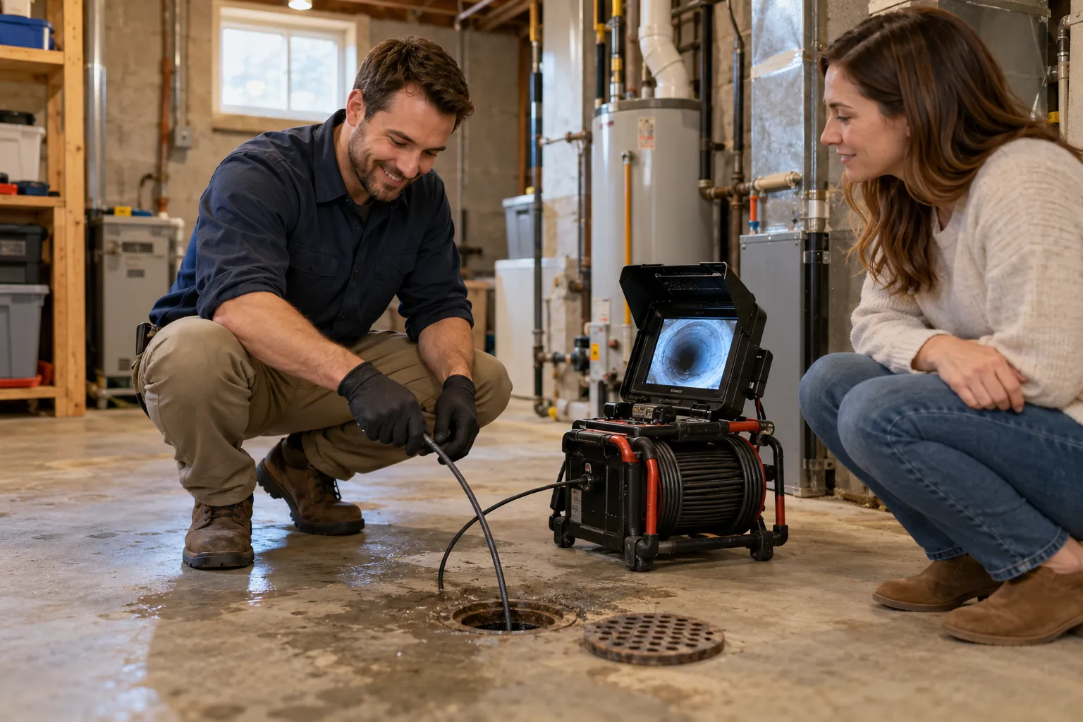 Provider checking a basement floor drain in a home across the Kansas City area