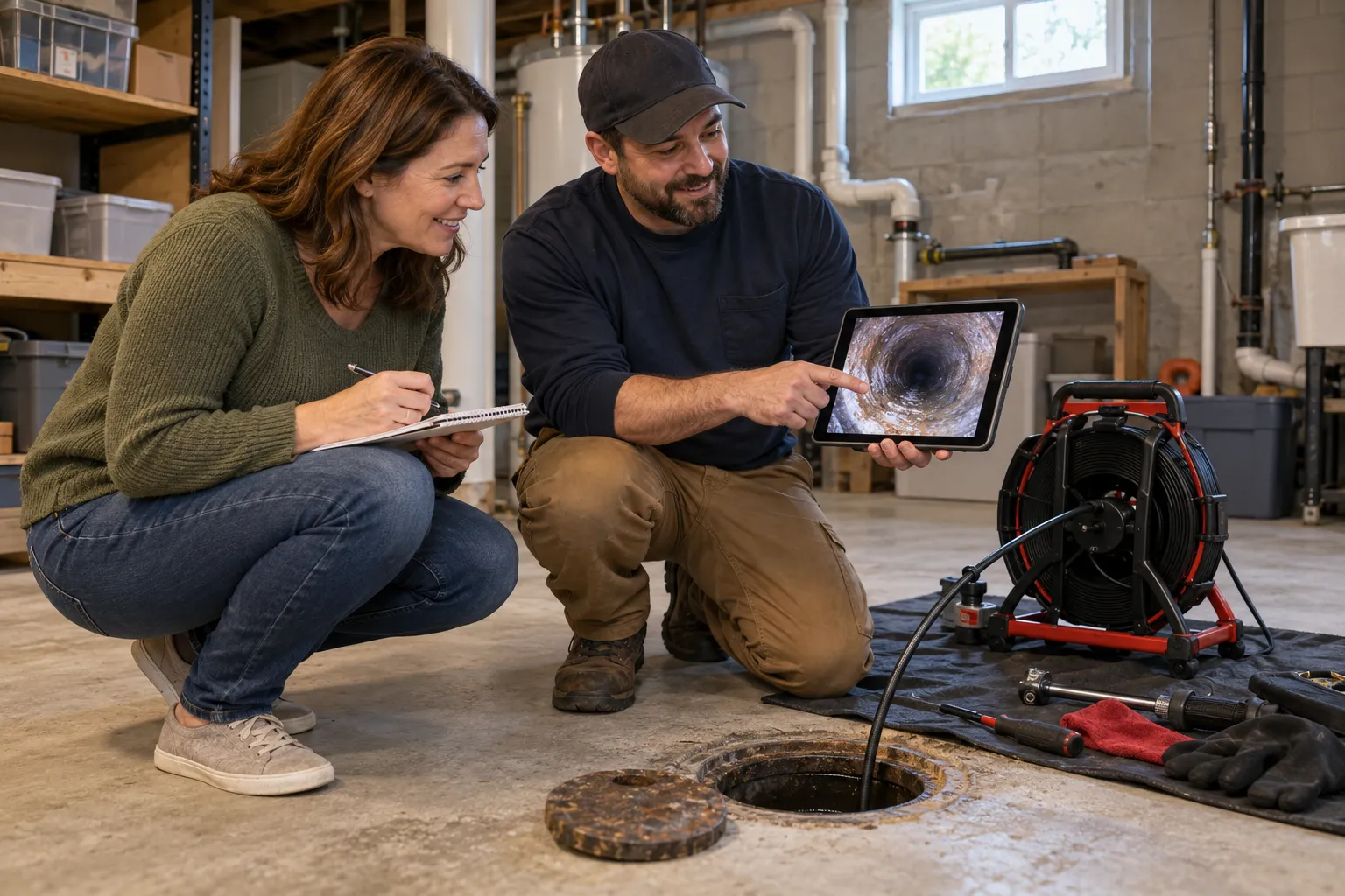 Plumbing provider and homeowner reviewing a sewer camera inspection video on a tablet near Kansas City